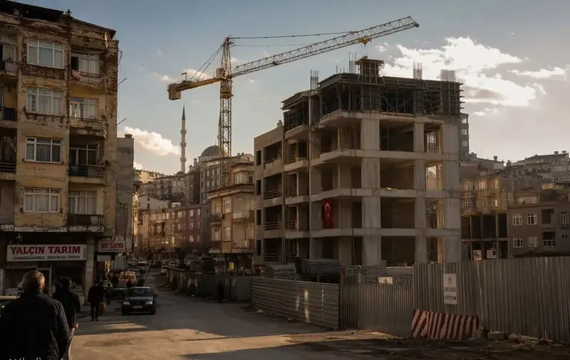 İstanbul kentsel dönüşüm şantiyesi — eski yapıların yanında yükselen yeni betonarme bina